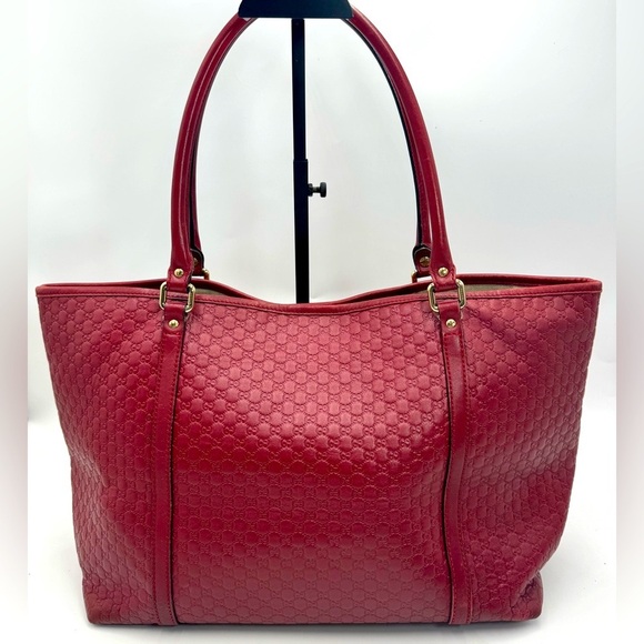 Auth Gucci Large Red Microguccisima Monogram Embossed Leather Joy Tote Bag Ex+ - Picture 2 of 16